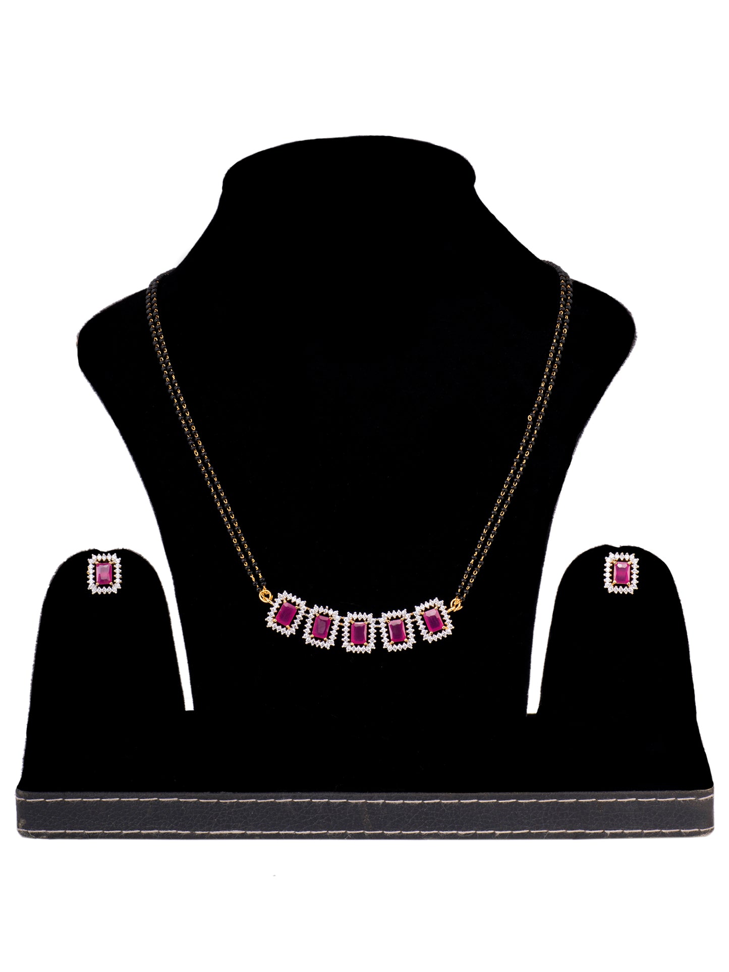 GOLD Plated Red AD Studded Black Beaded Mangalsutra Jewellery Set