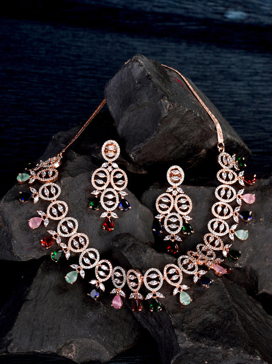 Rose Gold Toned Multi Contemporary Necklace Jewellery Set