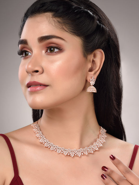 Rose Gold Plated White AD Studded Necklace Jhumka Jewellery Set