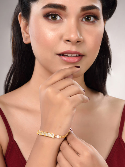 Gold Plated White AD Studded Pearls Adjustable Bracelet