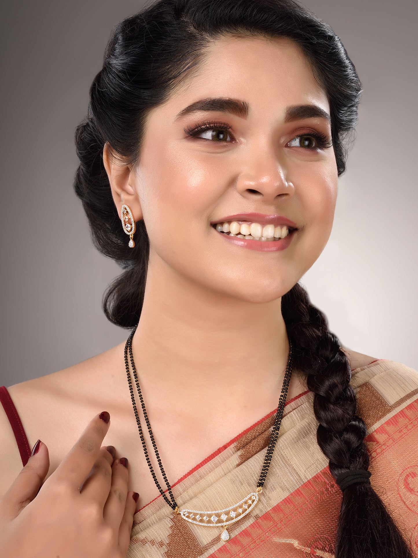 Gold Plated White AD Studded Mangalsutra Earrings