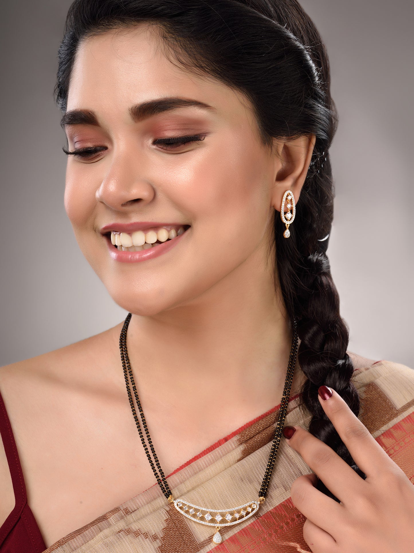 Gold Plated White AD Studded Mangalsutra Earrings