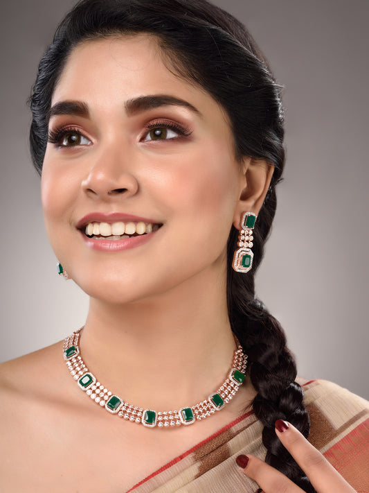 Rose Gold Plated White & Green AD Studded Modern Necklace Jewellery Set