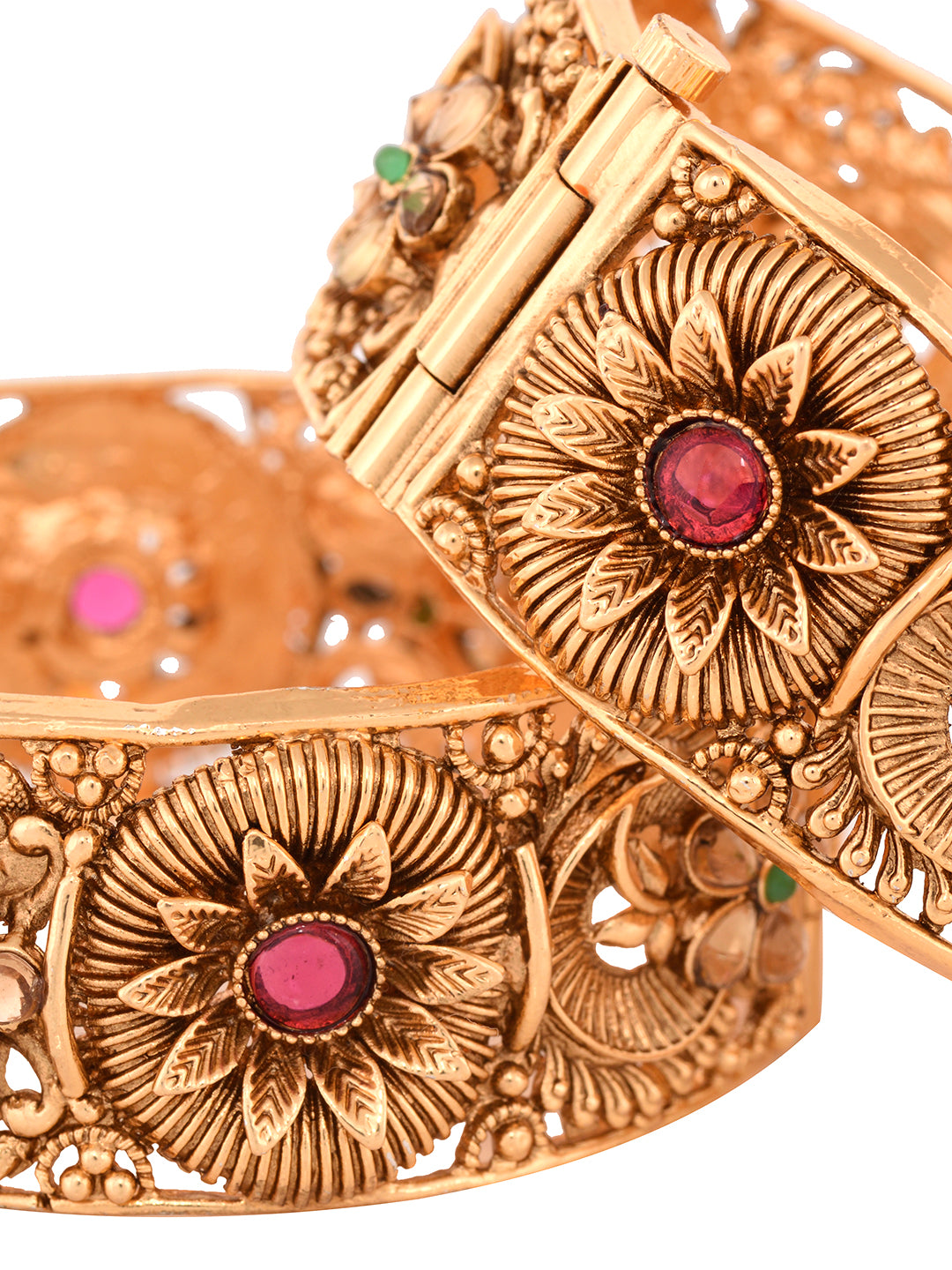 Set Of 2 Gold Plated Red Stone Studded Floral Openable Bangles