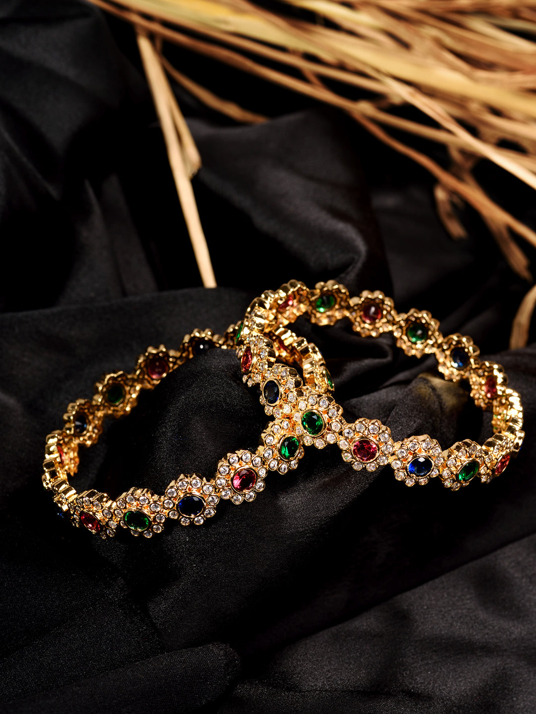 Set of 2 Gold Toned Multi Coloured AD studded Handcrafted Bridal kangan Bangles