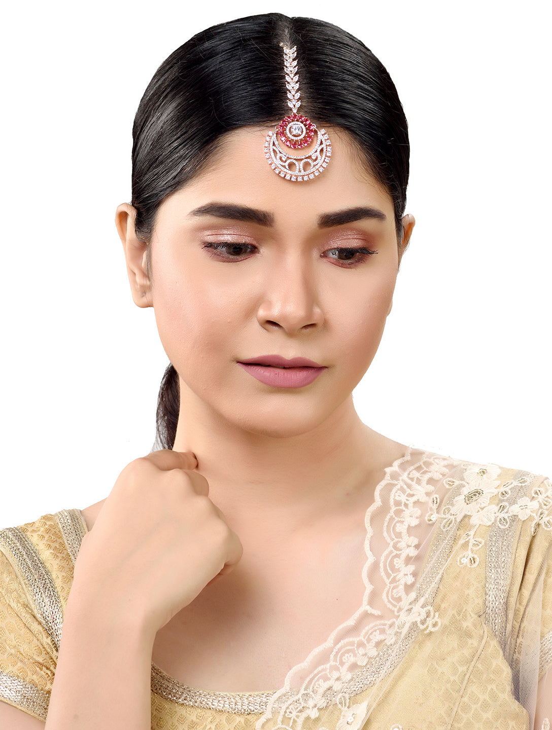 Rose Gold plated Ruby AD studded Half Moon shaped Handcrafted Maang Tika