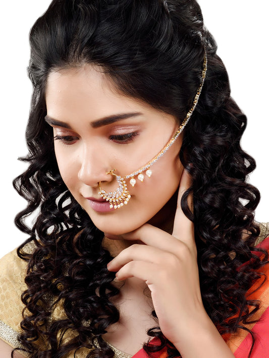 Gold plated AD & Pearl studded Handcrafted Nose Ring