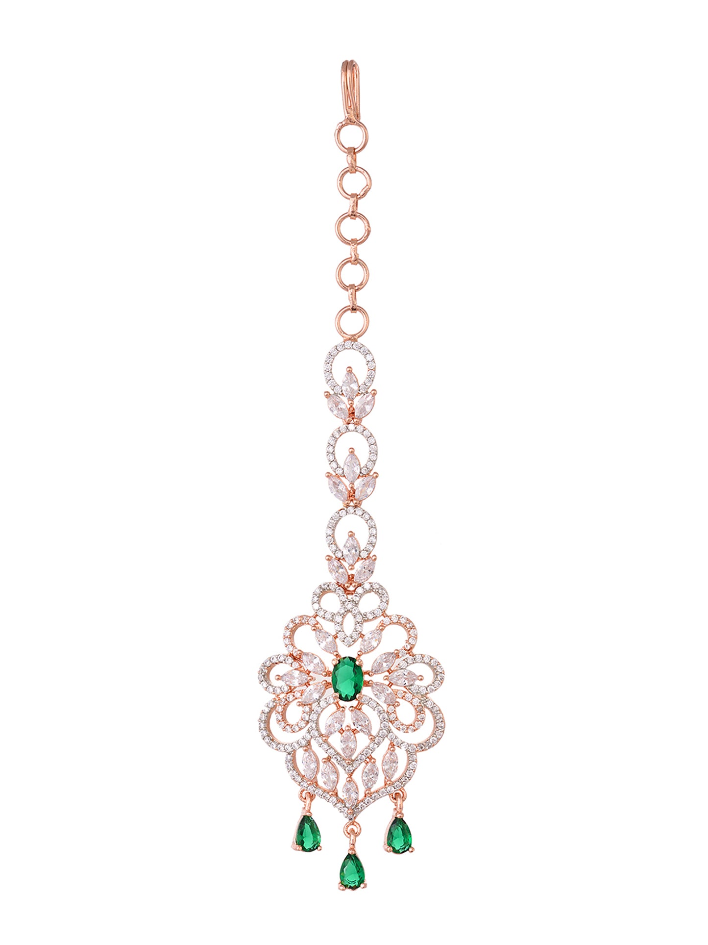 Rose Gold plated Green AD studded Floral design Handcrafted Maang Tika