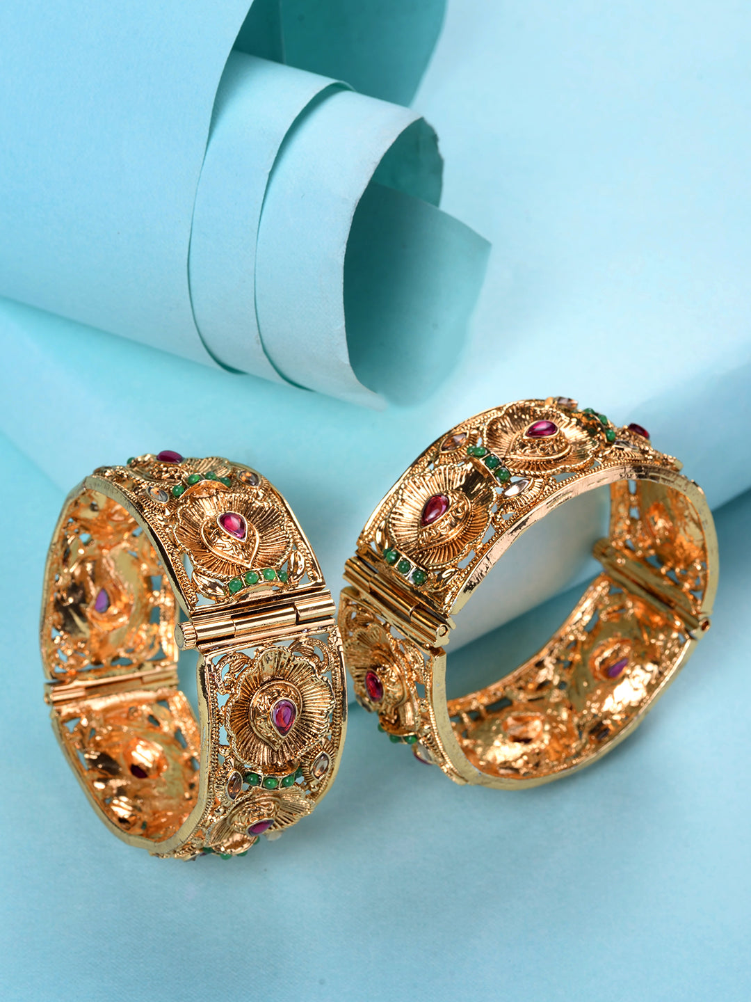 Set Of 2 Gold Toned Petal Motif Openable Bridal Bangles