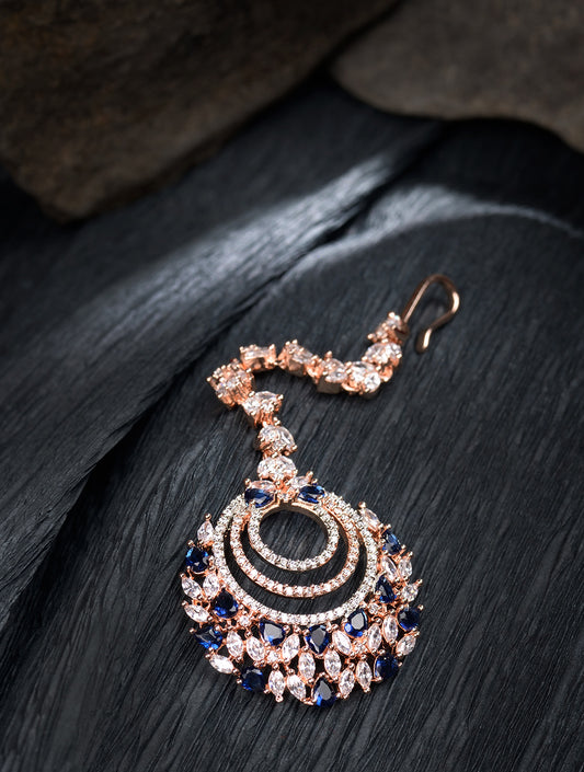 Rose Gold plated Blue AD studded Circular design Handcrafted Maang Tika