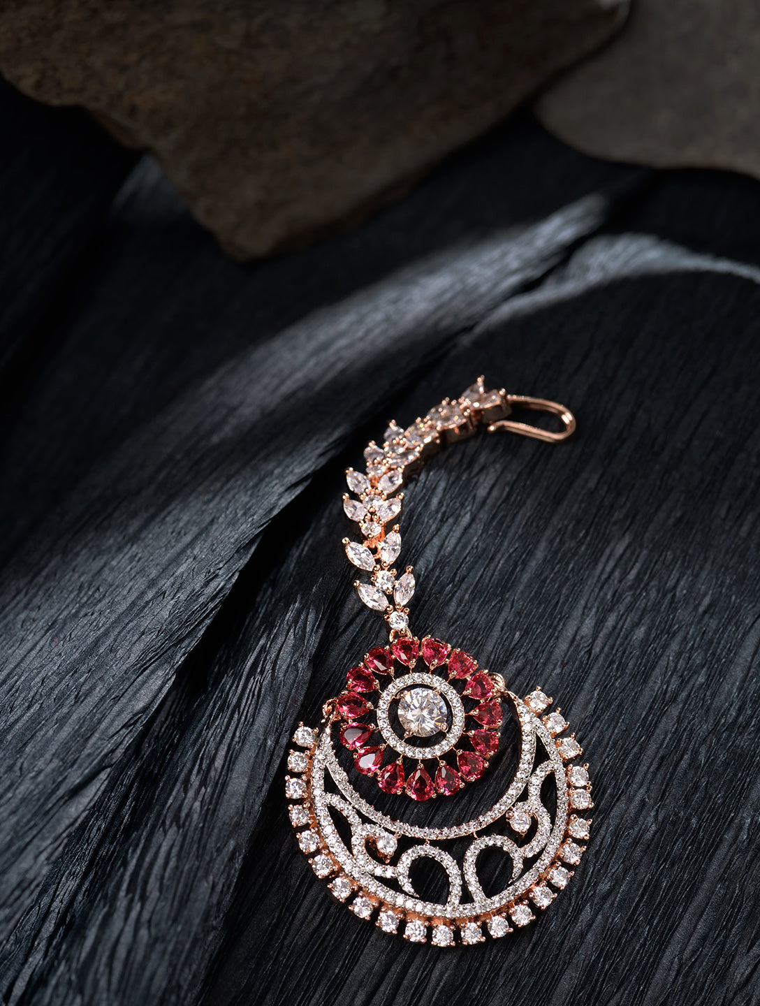 Rose Gold plated Ruby AD studded Half Moon shaped Handcrafted Maang Tika