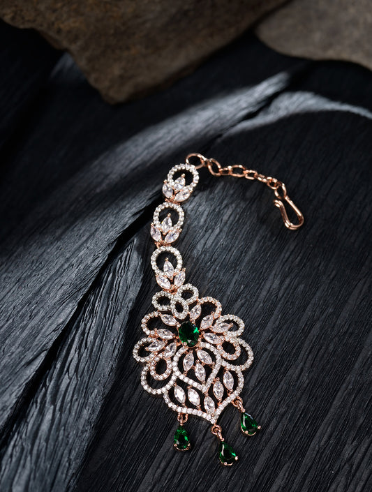 Rose Gold plated Green AD studded Floral design Handcrafted Maang Tika