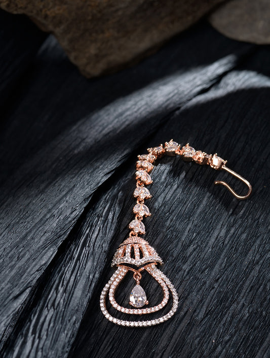 Rose Gold plated AD studded Bell shaped Handcrafted Maang Tika
