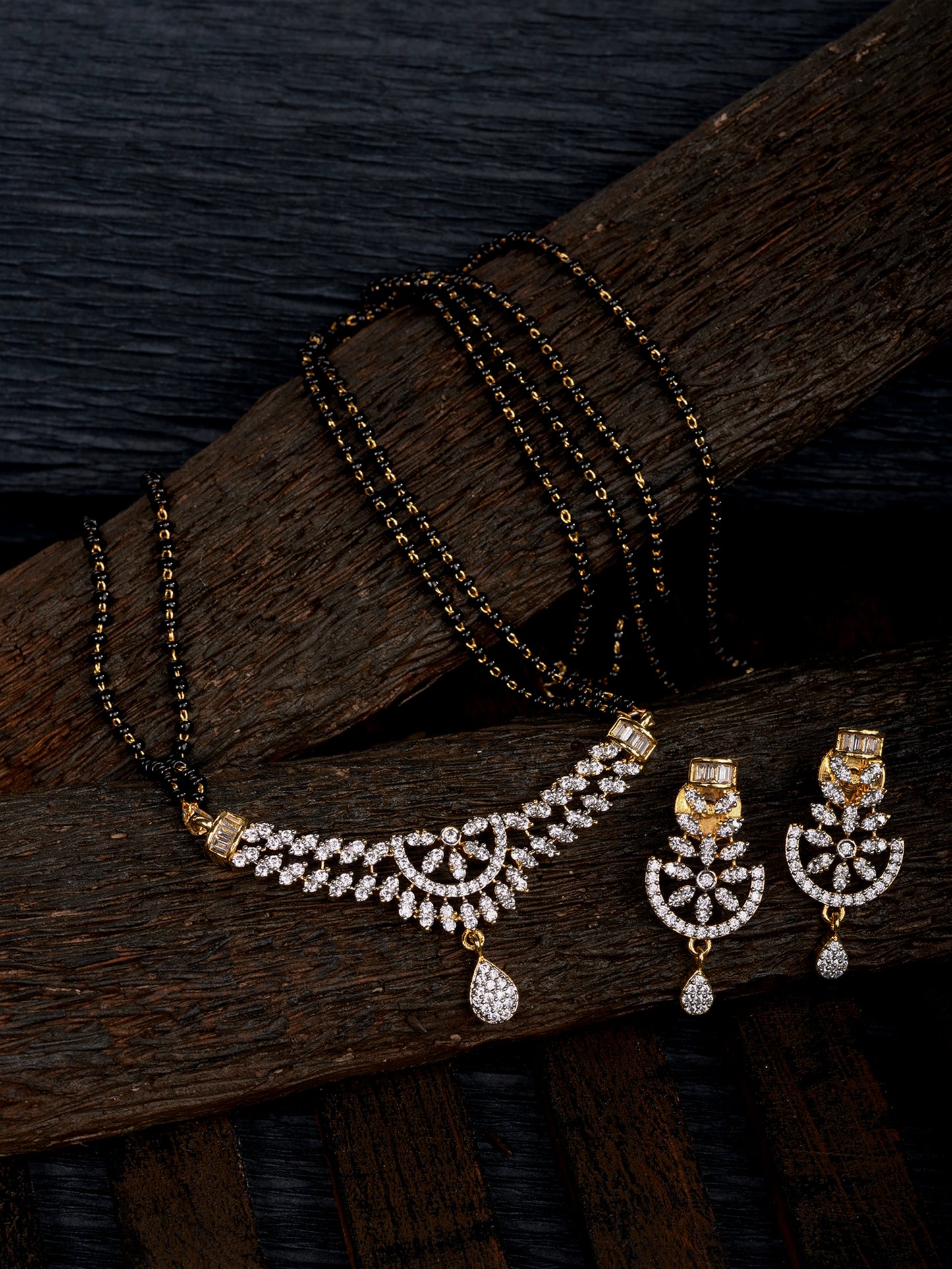 Gold Plated Black & White AD Studded & Beaded Mangalsutra Matching Earrings