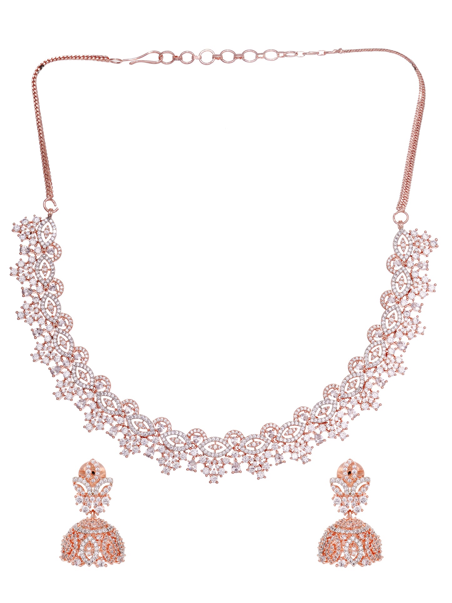 Rose Gold Plated White AD Studded Necklace Jhumka Jewellery Set