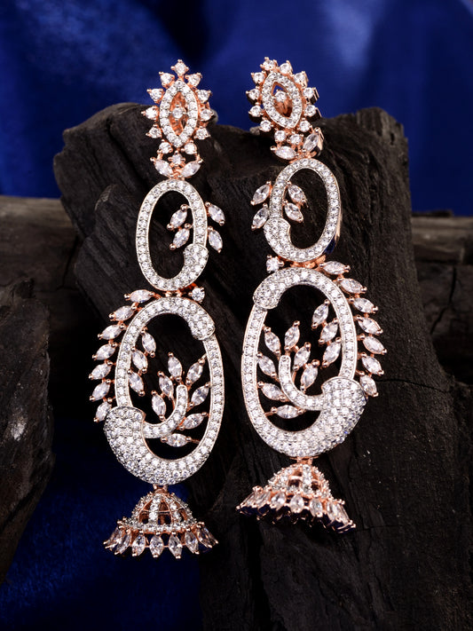 Rose Gold Plated White AD Studded Designer Dropdown Jhumki Earrings