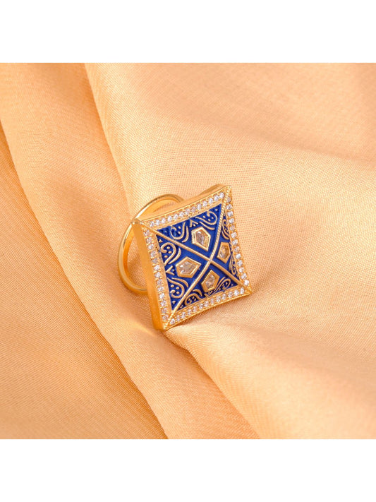 Gold plated Blue AD studded handcrafted adjustable square Ring for Women & Girls
