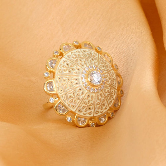 Gold plated Cream AD studded handcrafted adjustable Ring for Women & Girls