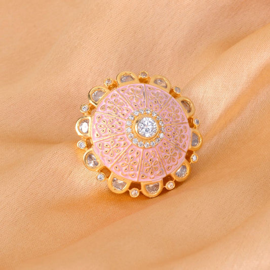 Gold plated Pink colourAmerican Diamond studded handcrafted adjustable Ring for Women & Girls