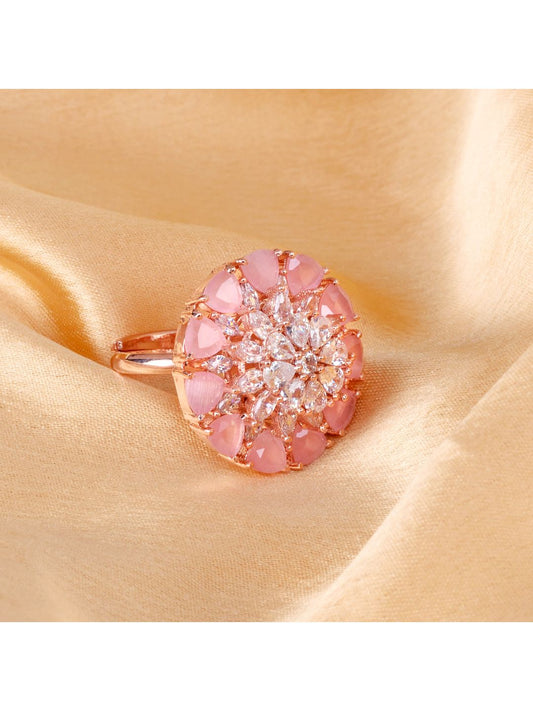 Rose Gold plated Pink AD studded handcrafted adjustable Ring for Women & Girls
