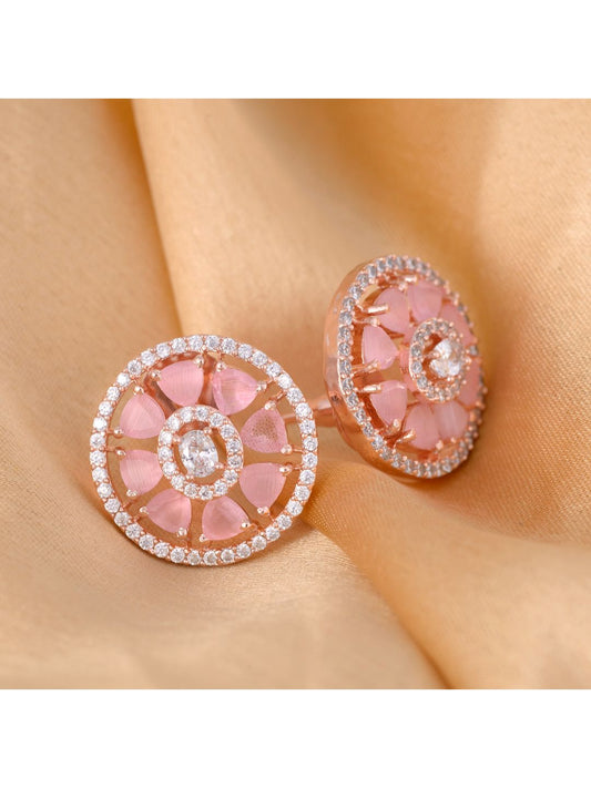 Elegant Pastel Pink Floral Studs AD encrusted Rose gold plated small earrings