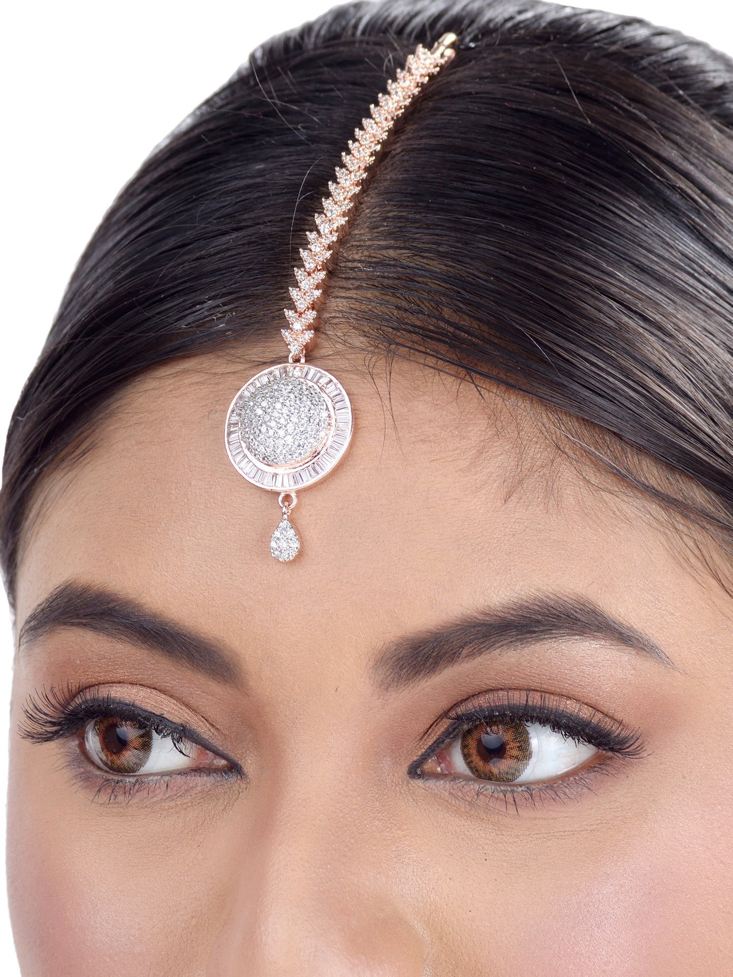 Unique Diamond clustered Maang Tikka round shaped Rose Gold plated AD studded for Women & Girls