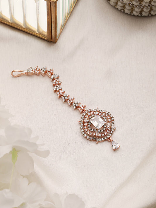 Solitaire Maang Tikka AD studded Rose Gold plated for Women & Girls