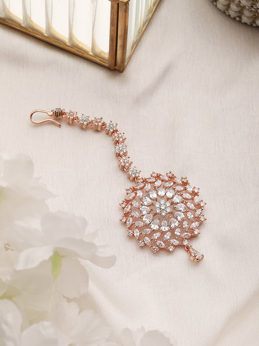 Stunning Floral Diamond Maang Tikka Round & Rose Gold plated for Women & Girls