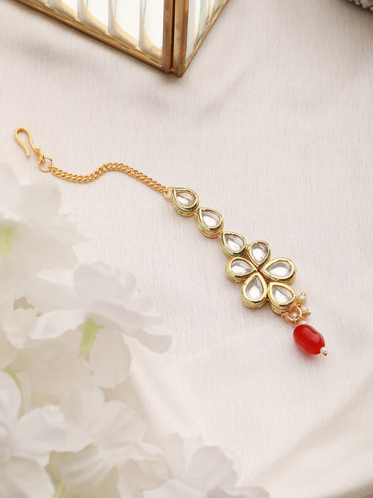 Gold Plated Kundan Studded Red Handcrafted Delicate Mangtika