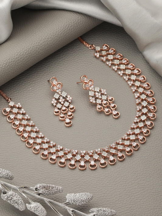 Rose Gold plated Unique Design AD studded Necklace Earrings