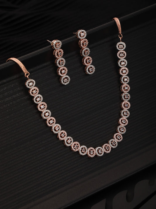 Rose Gold Plated White AD Studded Handcrafted Contemporary Jewellery Set Dropdown Earrings
