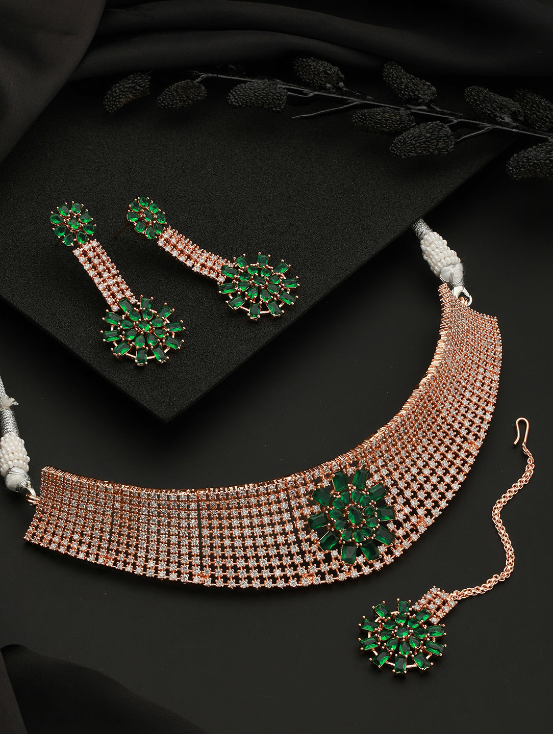 Rose gold Toned Green AD Studded Contemporary Choker Jewellery Set Tika