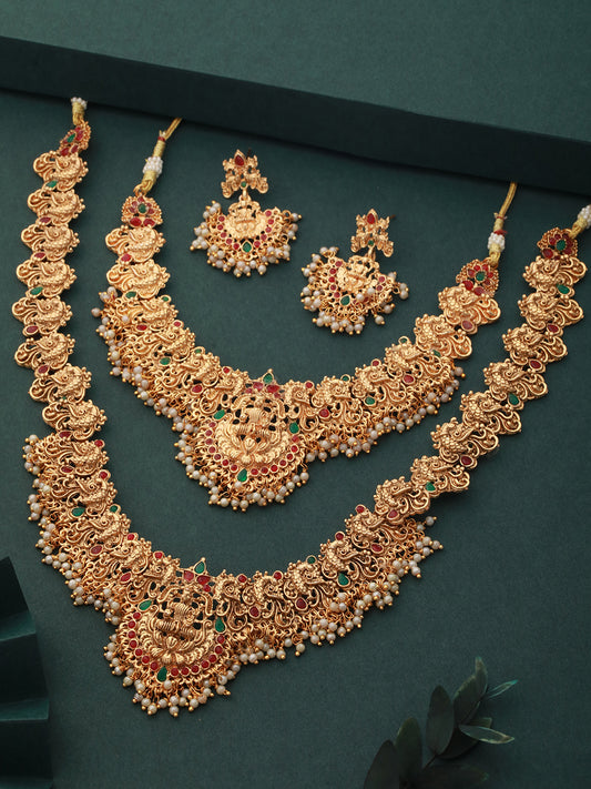 Gold Toned Gorgeous Saaddhvi Haram Combo Temple Jewellery Set