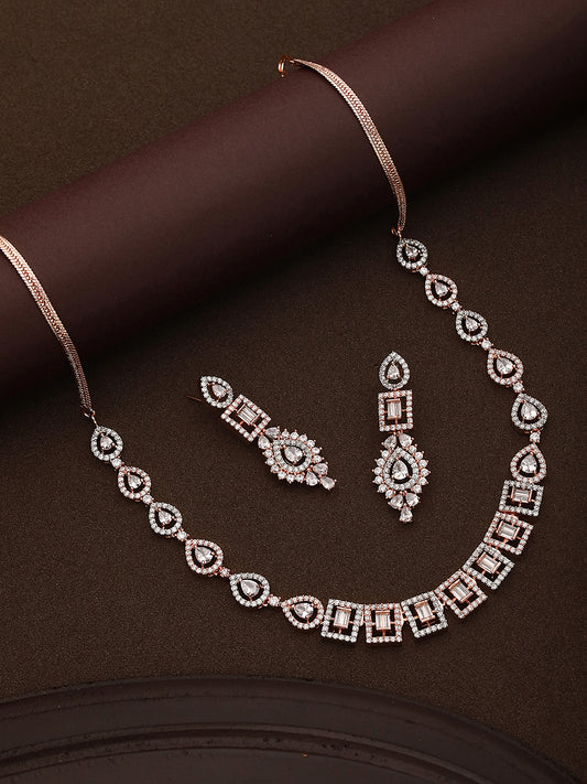 Rosegold Plated AD studded Necklace Earrings Jewellery Set