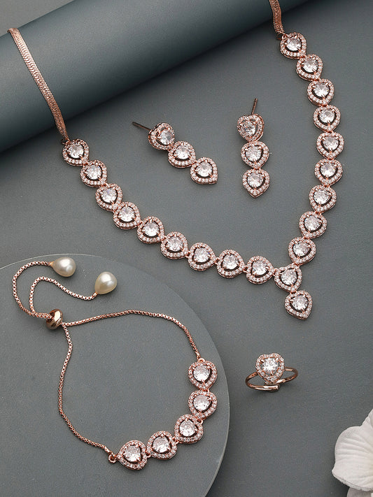 Rose Gold Toned AD Studded Minimal heart Shaped Necklace Jewellery Set Combo