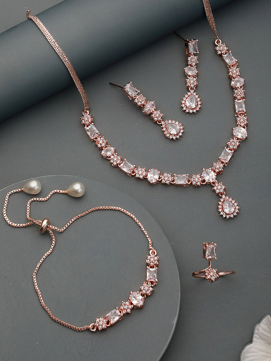 Rose Gold Plated AD Studded Designer Jewellery Set Combo