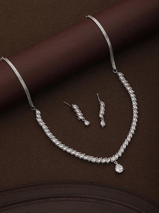 White Rhodium Plated AD Studded Zig Zag Minimal Necklace Jewellery Set