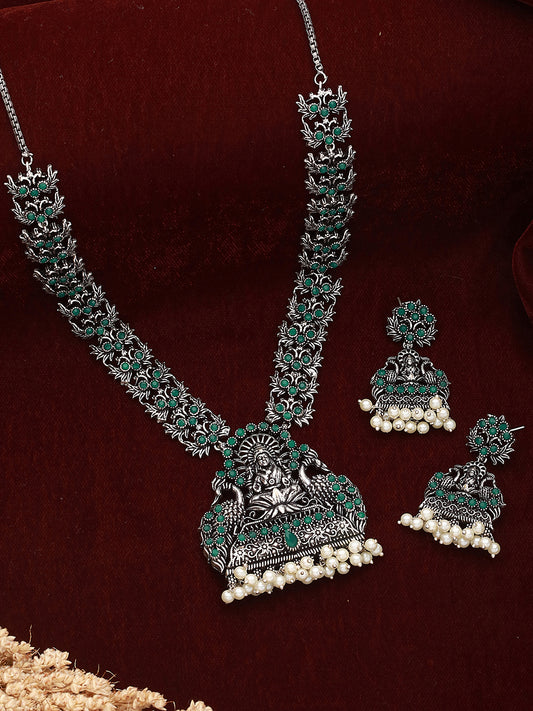 Oxidised Silver toned Green stone Studded Temple Necklace Jewellery Set