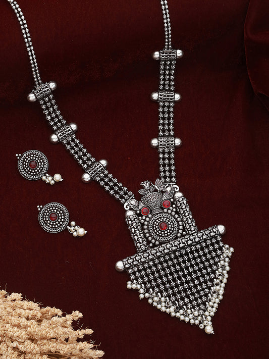 Oxidised Silver Toned Red Stone Studded & Beaded Designer Necklace Jewellery Set