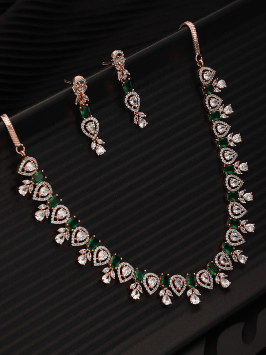 Rose Gold Plated Green AD Studded Floral Necklace Jewellery Set