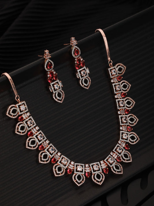 Rose Gold Toned Red AD Studded Necklace Jewellery Set