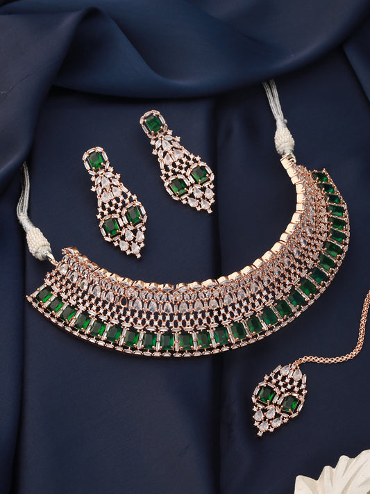 Rose Gold Plated Green AD Studded Bridal Choker Jewellery Set