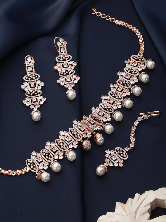 Rose Gold Toned White AD Studded & Pearl Beaded Choker Jewellery Set Mangtika