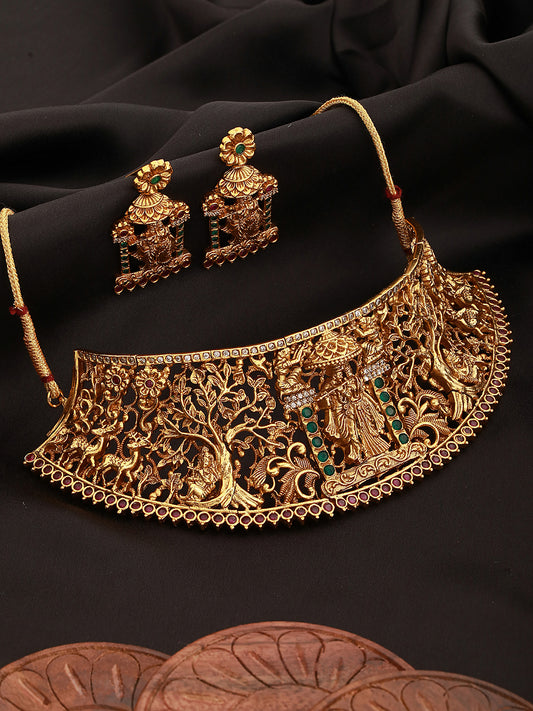 GoldPlated Green AD Studded Radha Krishna Temple Jewellery Set