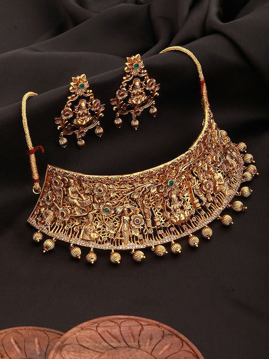 GoldPlated Green AD Embellished Shri Lakshmi Temple Choker Jewellery Set