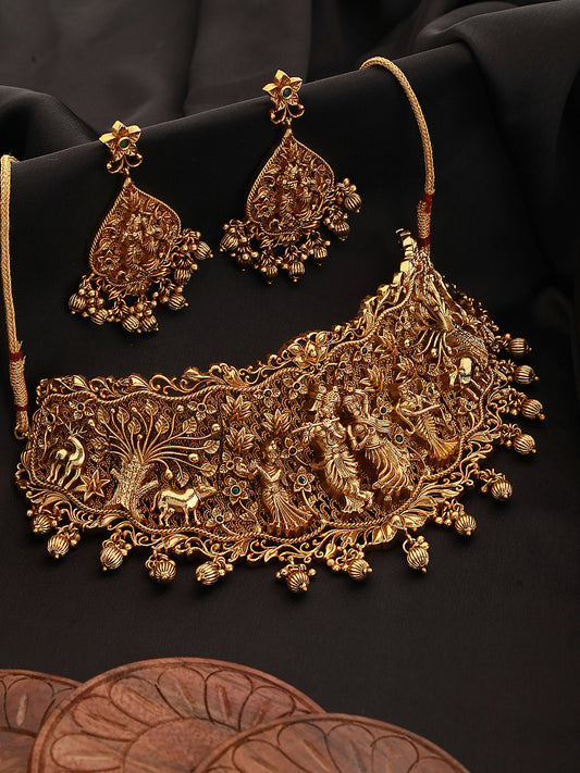 Gold Plated AD Stone Temple Radhe Krishna Necklace Jewellery Set