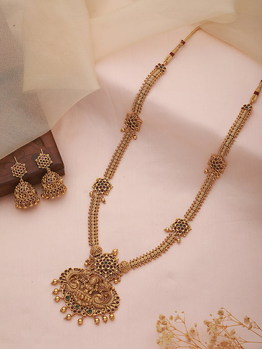 Saraf RS Gold Plated ADStudded Temple Lakshmi Long Haram Jewellery set