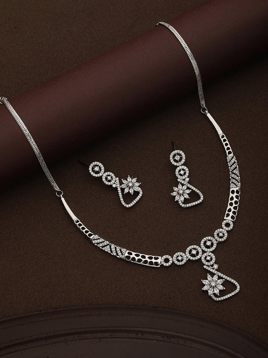 Silver Plated AD Studded Statement Necklace Jewellery Set