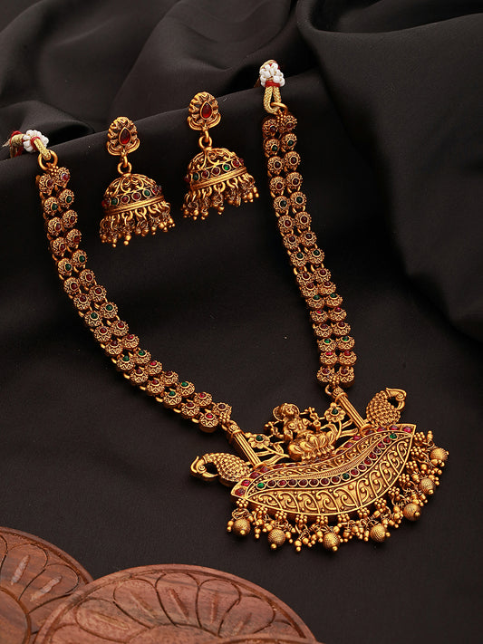 Gold Plated Red Kempo Goddess Lakshmi Deseigner Temple Jewellery Set