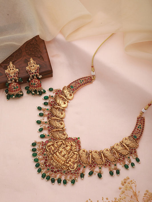 Gold Plated Kemp stone studded Temple design Necklace Green beads Jewellery set